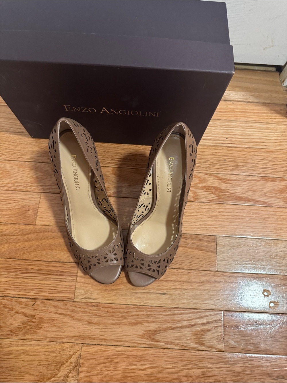 Enzo Angiolini Taupe Laser-Cut Peep-Toe Pumps - Picture 6 of 6